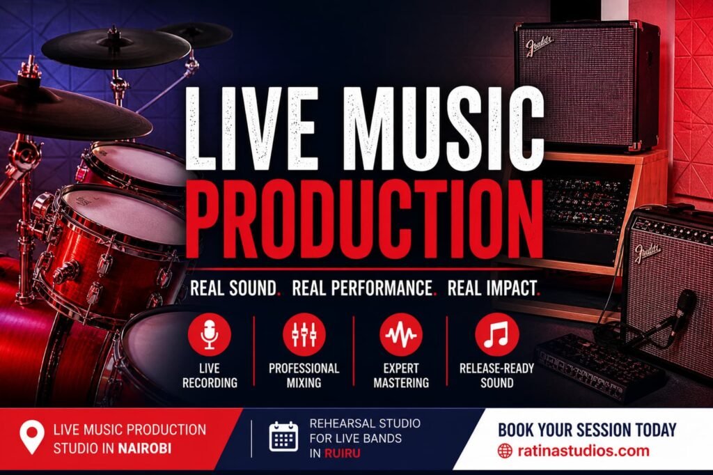 Live music production studio in Nairobi featuring drum kit and backline equipment for professional recording, mixing and mastering services
