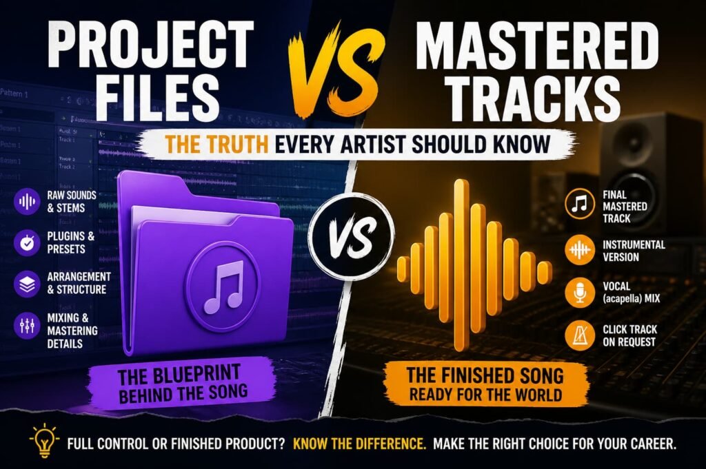 Project files vs mastered tracks comparison showing music production workflow, including raw stems, plugins, and final audio versions like WAV, instrumental, and vocal mixes